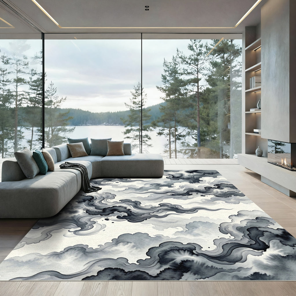 Monochromatic Ink Wash Cloud Swirls Rug