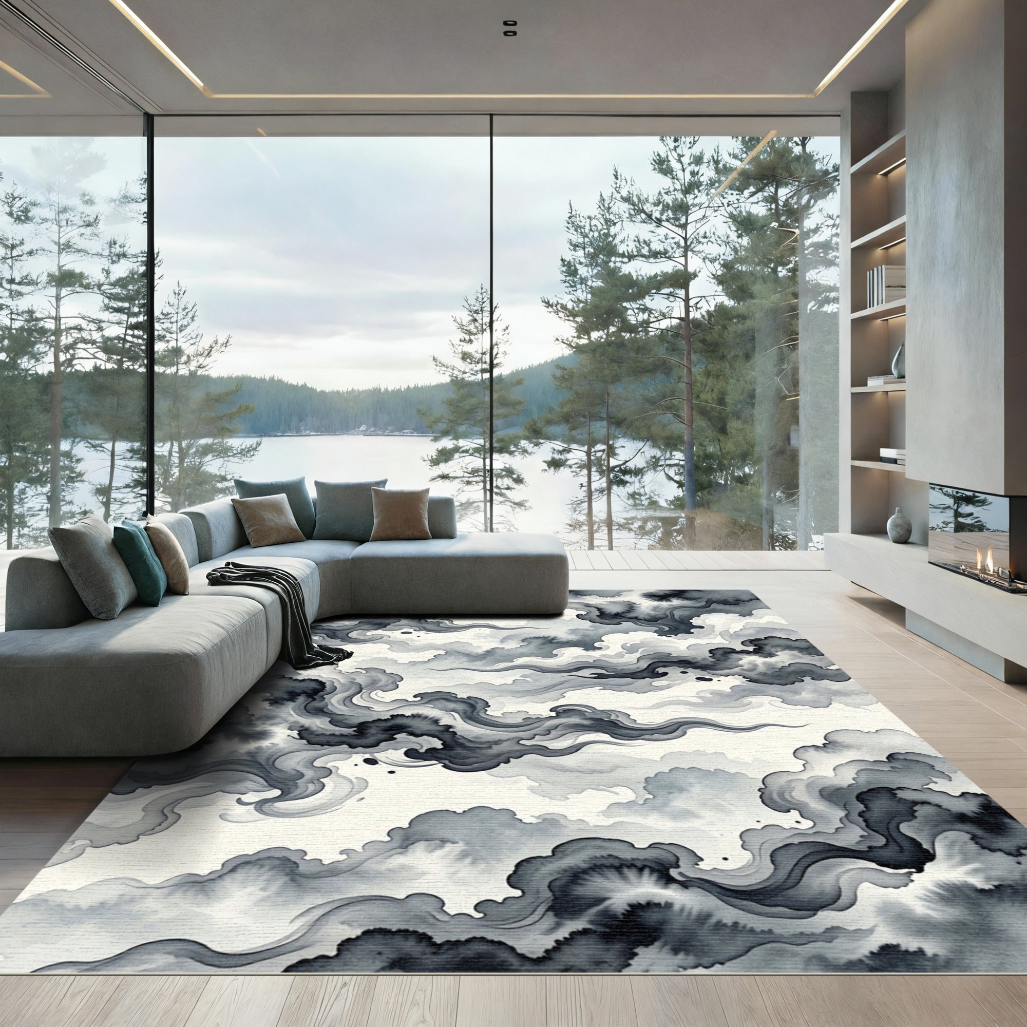 Monochromatic Ink Wash Cloud Swirls Rug