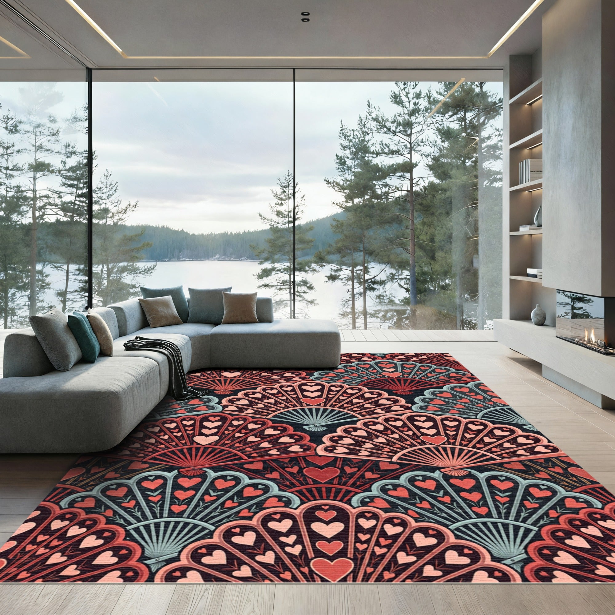 Coral Pink Heart Fan Arrangement Rug