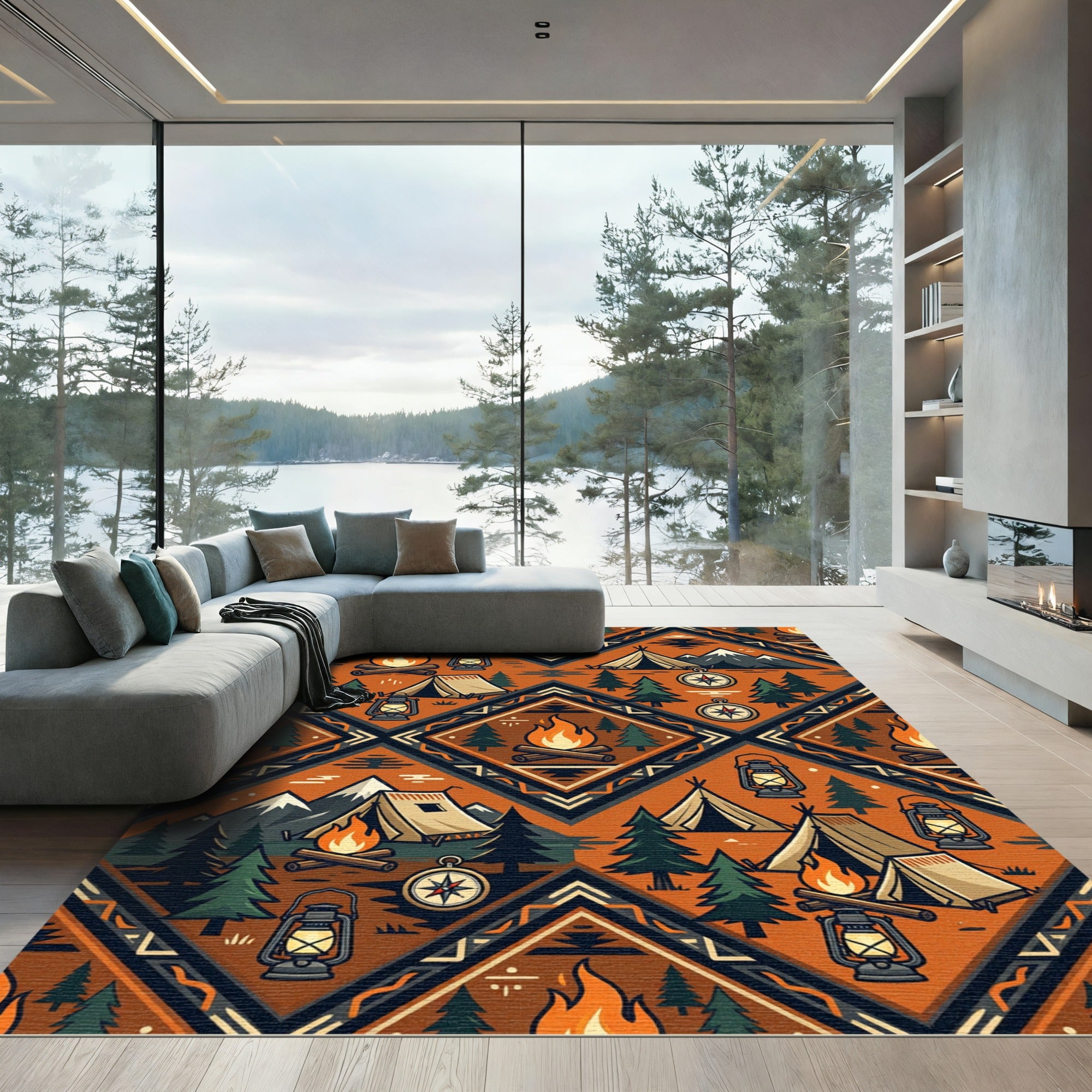 Rustic Burnt Orange Adventure Diamond Grid Rug