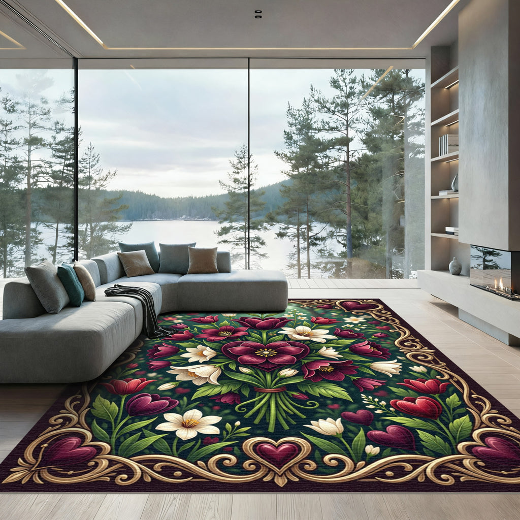 Deep Burgundy Floral Heart Garden Rug