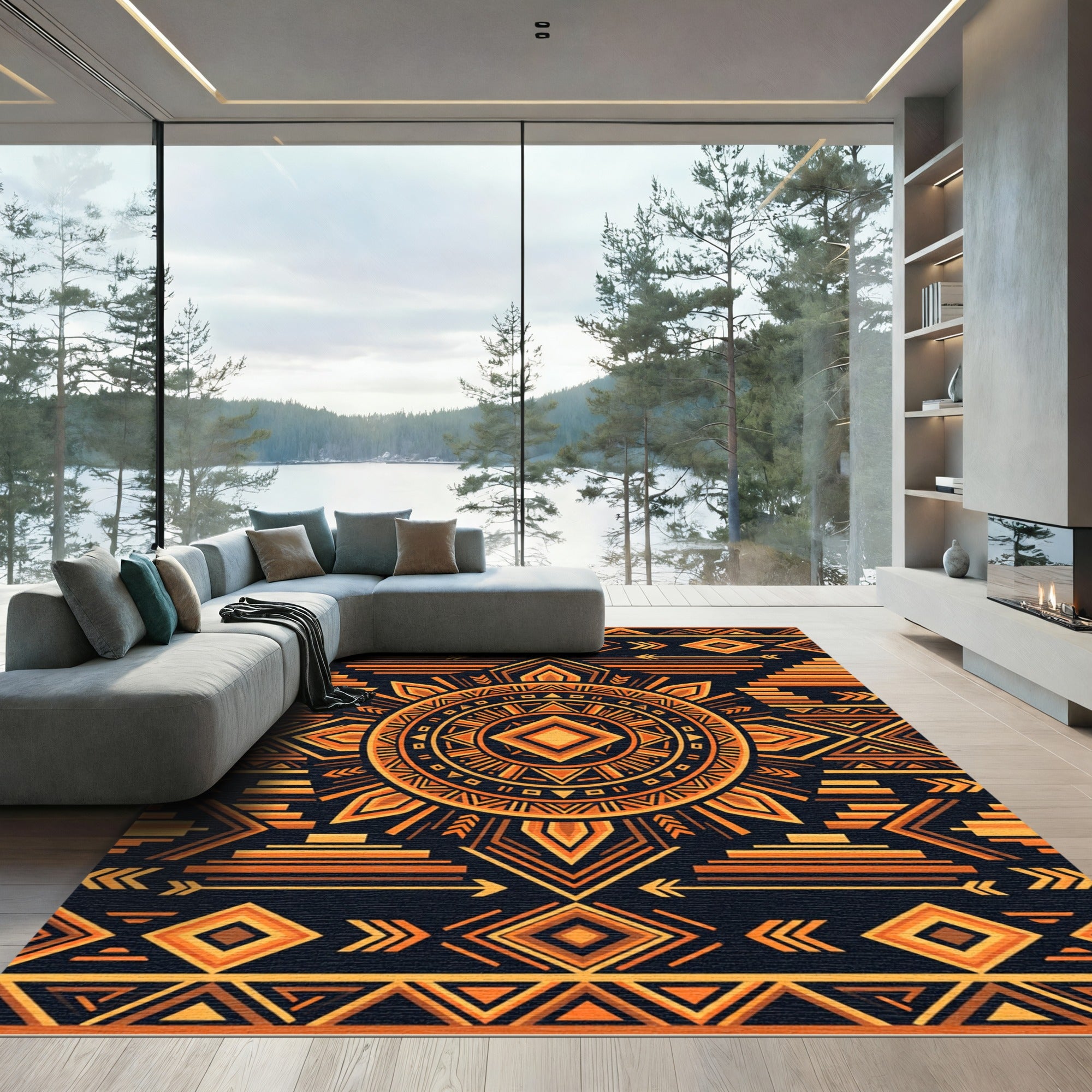 Geometric Solar Radiance Amber Sun Rug
