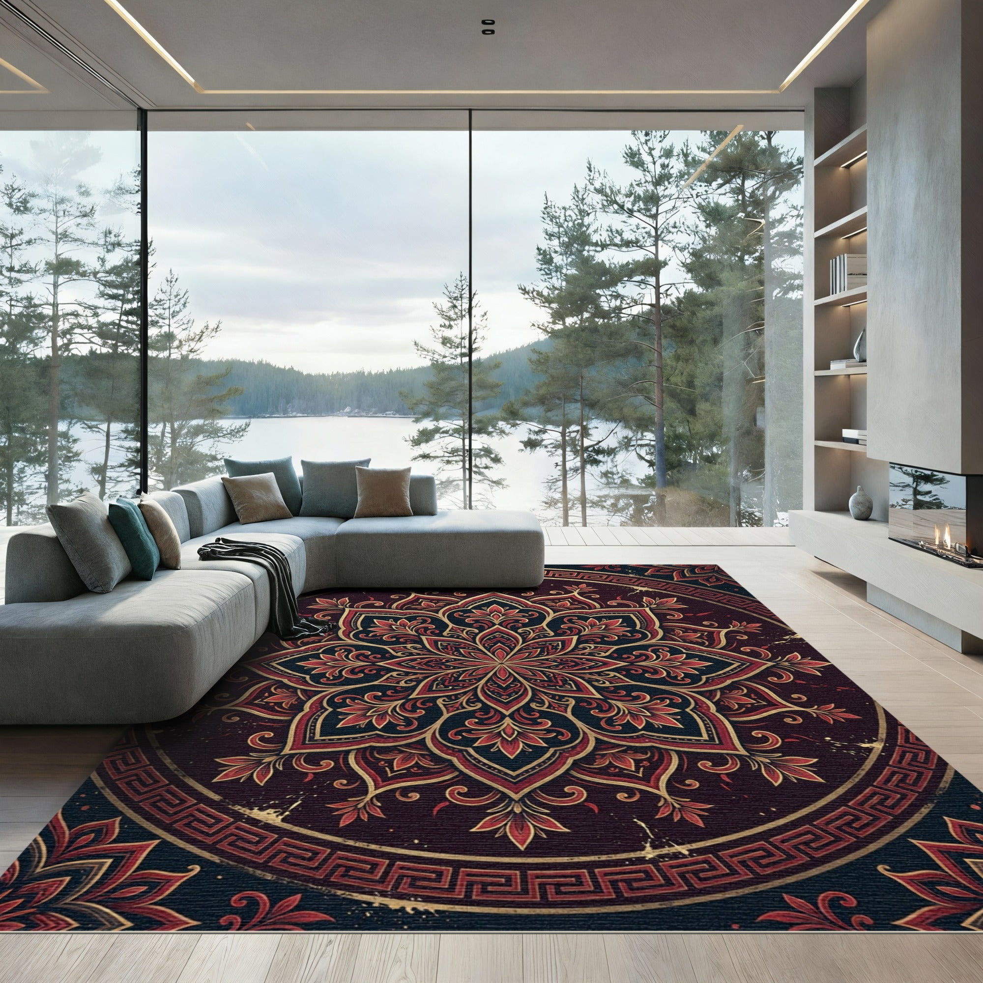 Ornate Crimson Gold Greek Key Medallion Rug