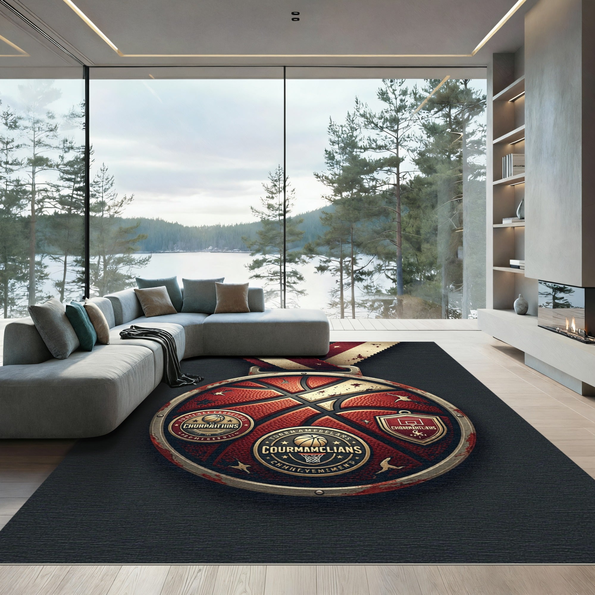 Distressed Crimson Basketball Academy Medal Emblem Rug