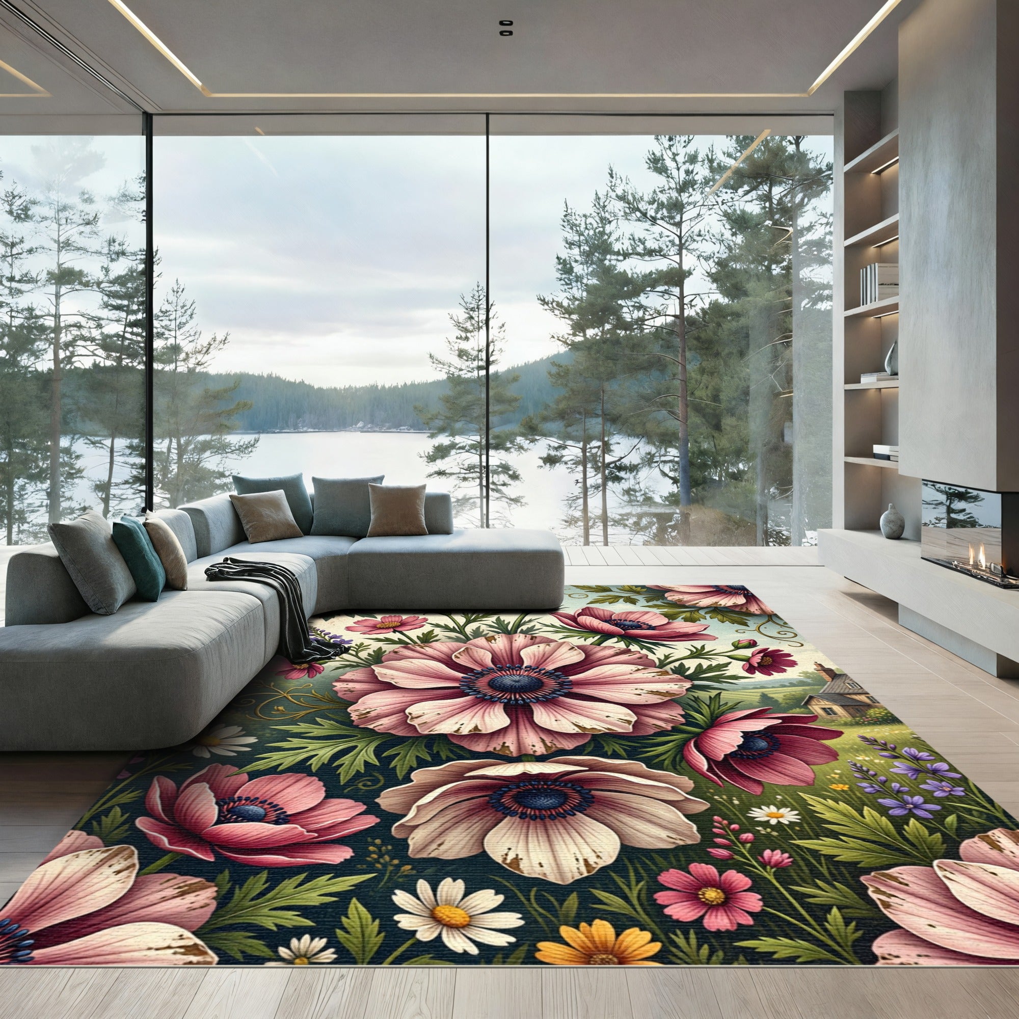 Vintage Blush Anemone Garden Floral Rug