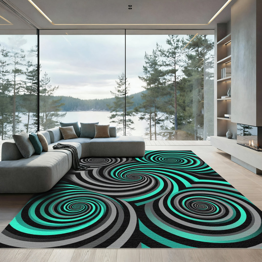 Abstract Teal and Gray Spiral Vortex Rug