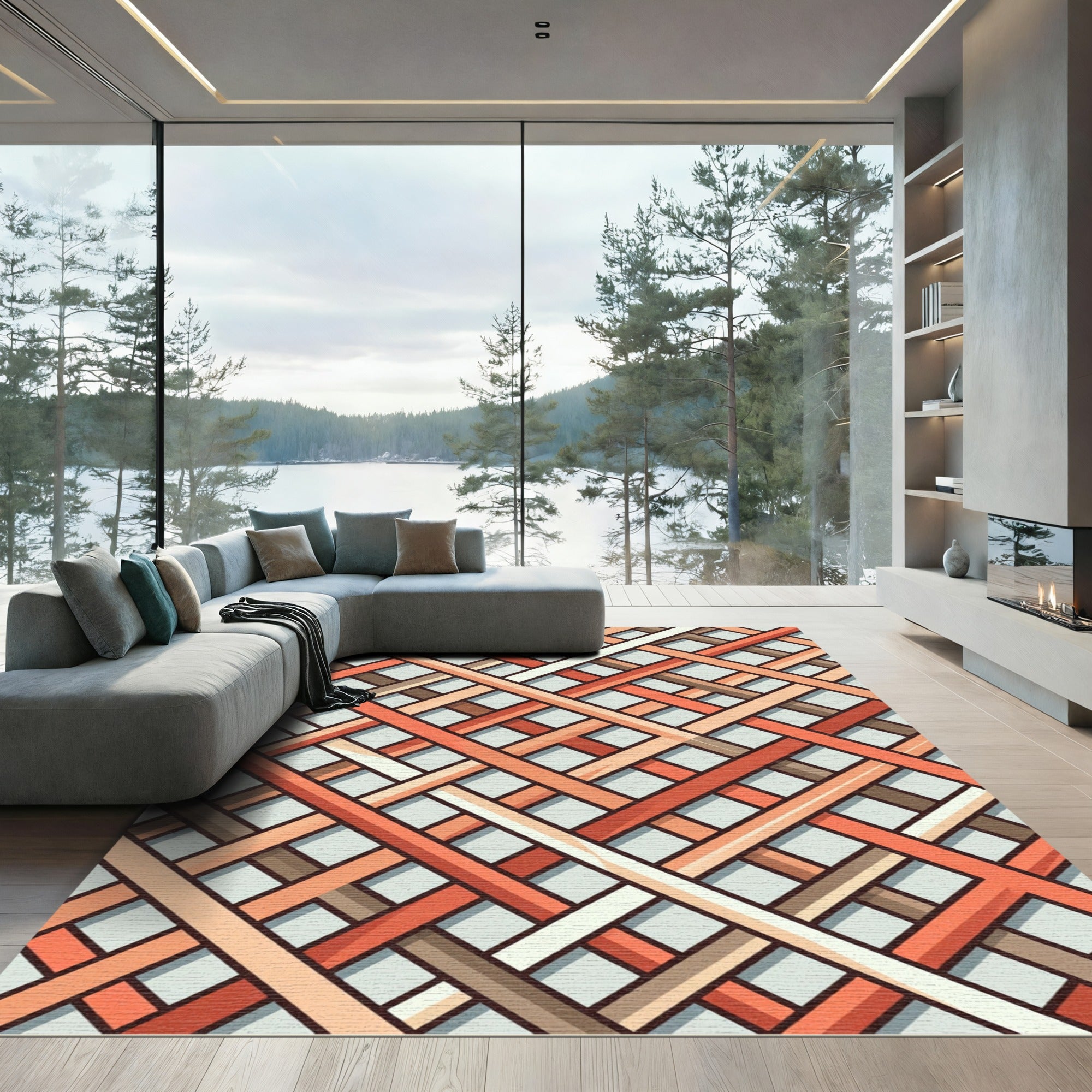 Woven Terracotta Geometric Lattice Weave Rug