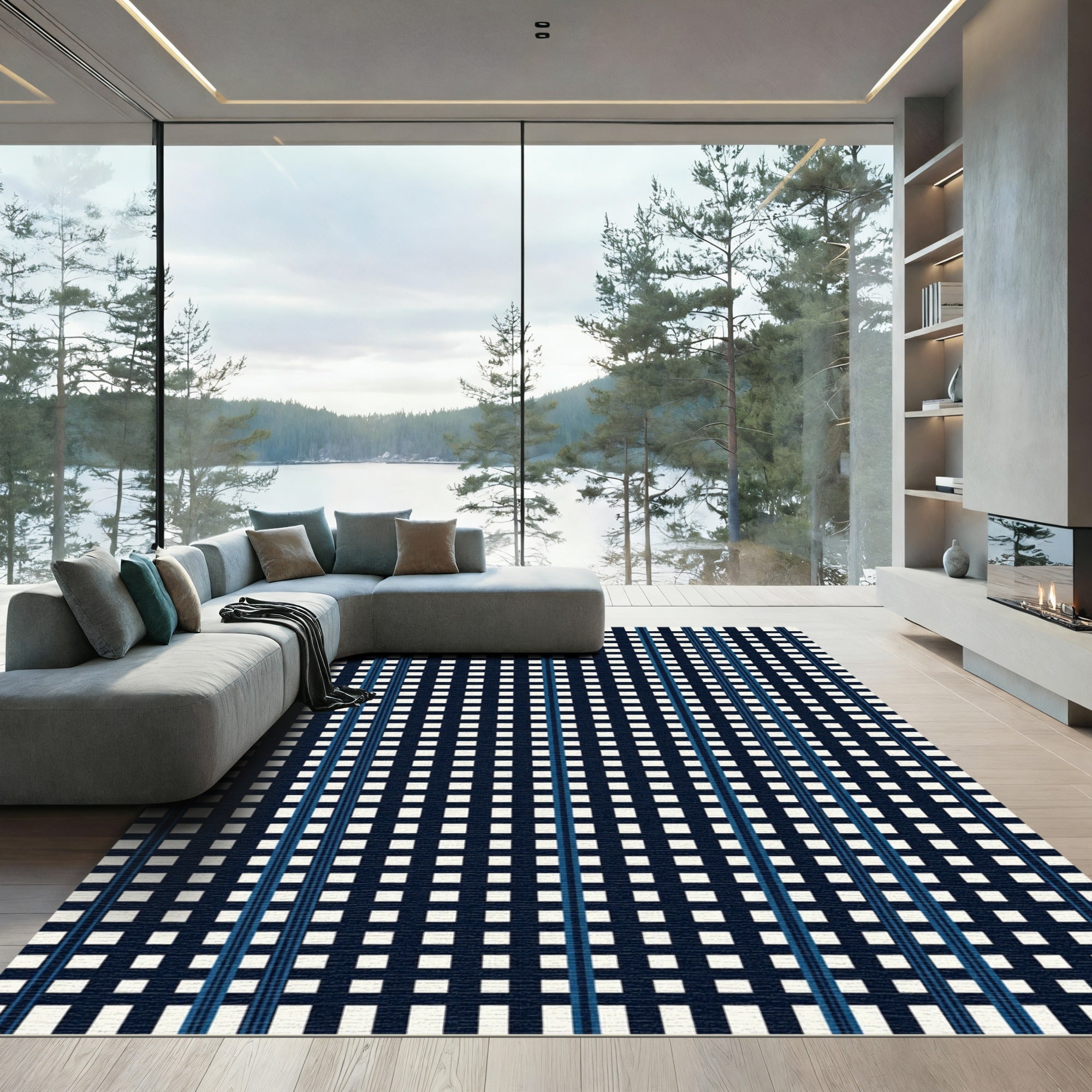 Navy Blue White Grid Stripe Rug