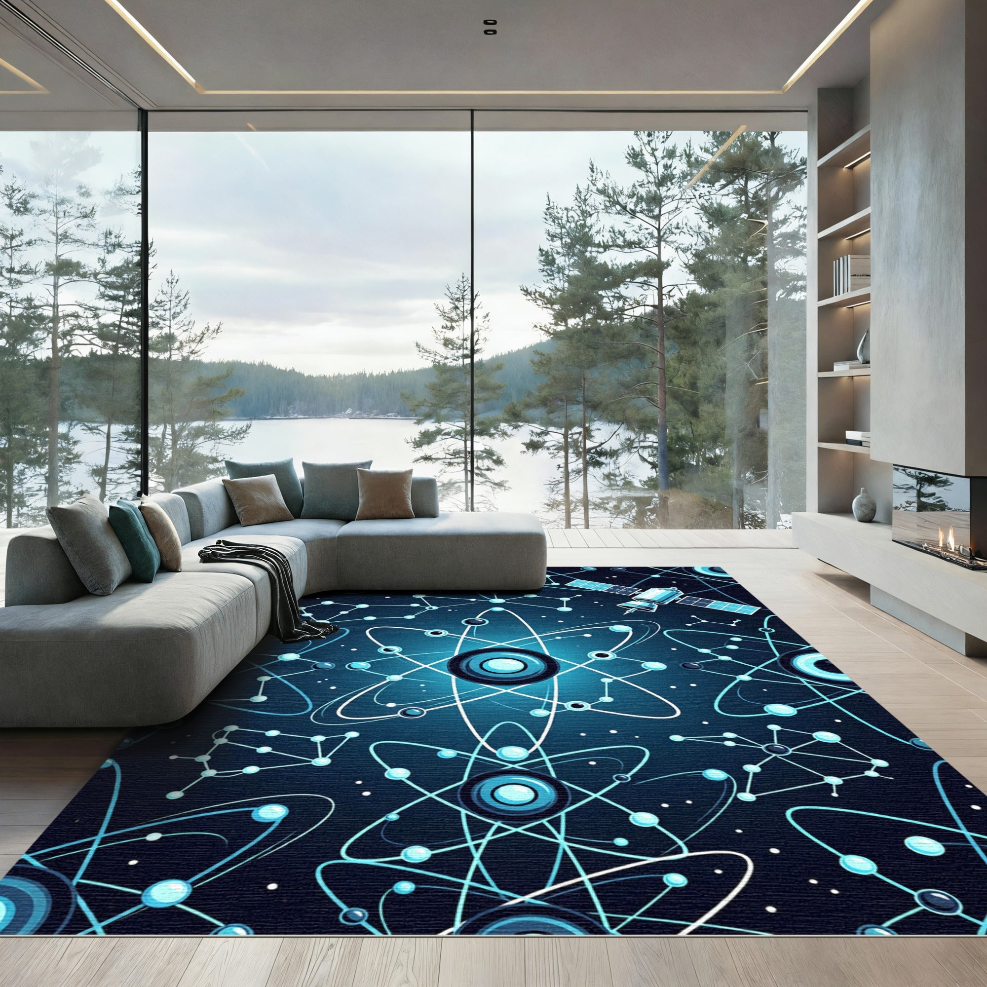 Deep Teal Cosmic Atom Galaxy Rug