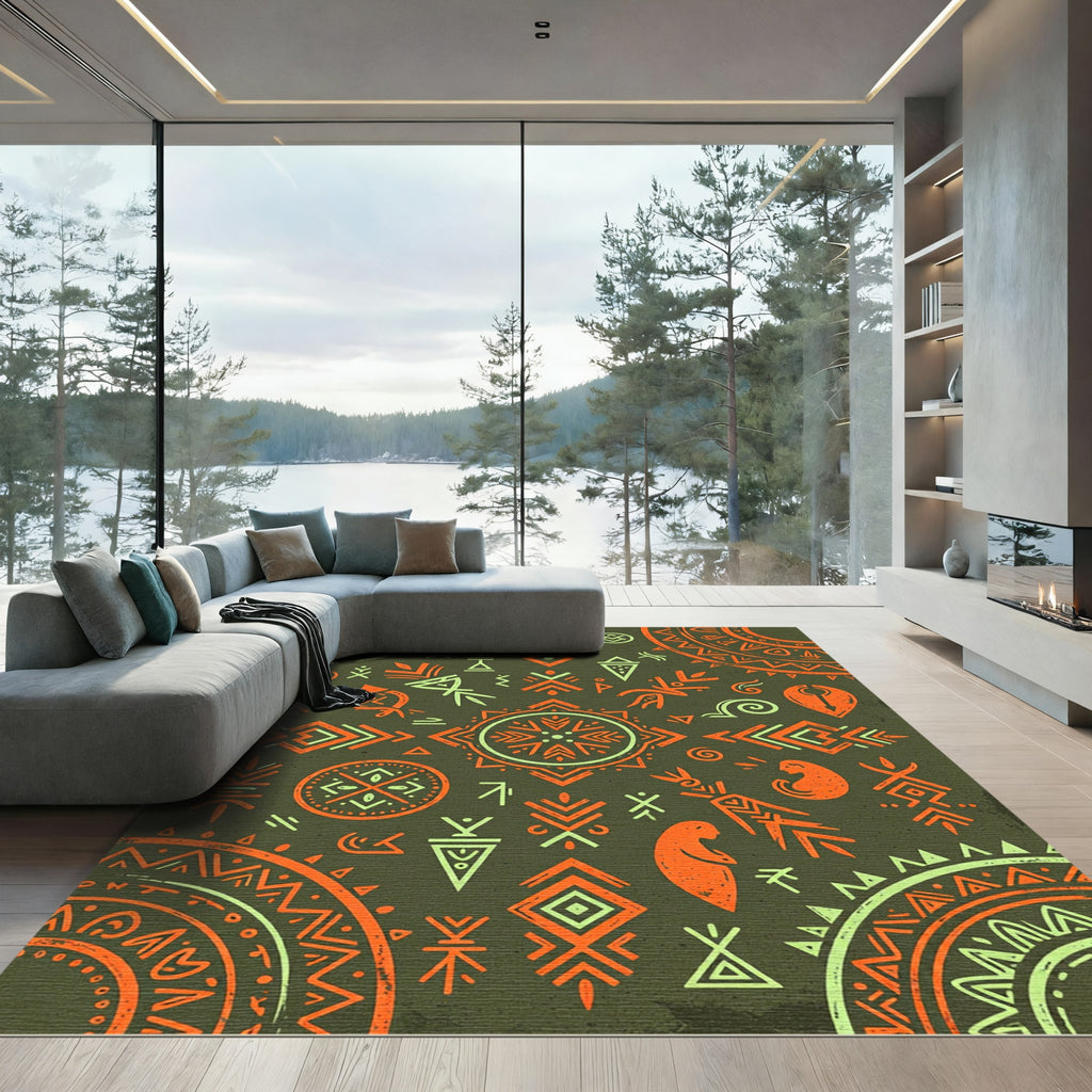 Earthy Sage and Rusty Orange Ancestral Art Rug