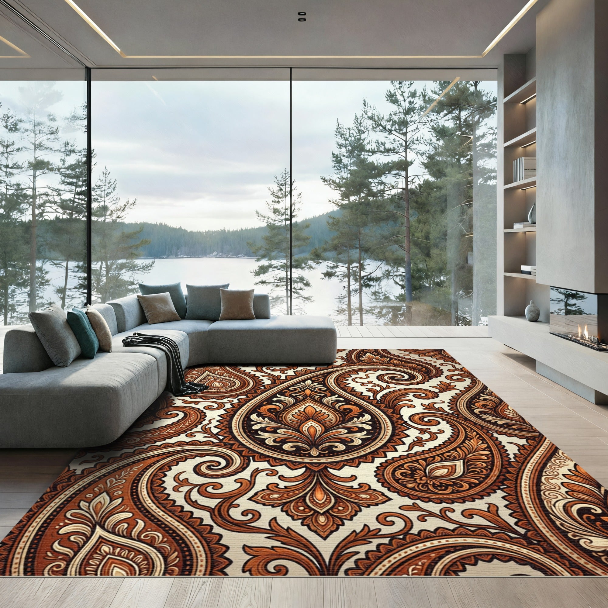 Ornate Golden Brown Paisley Swirl Rug