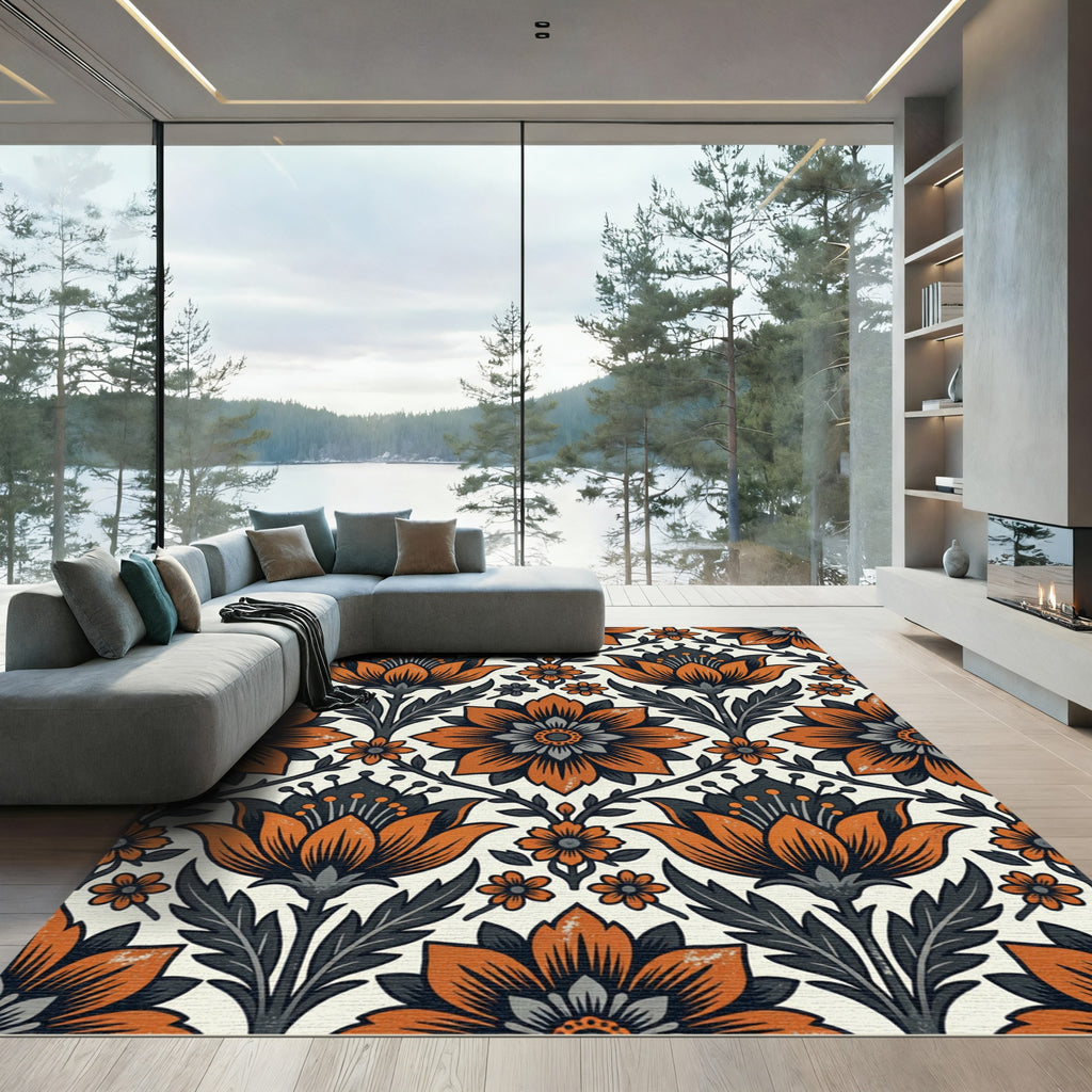 Mid-Century Burnt Orange Floral Damask Rug