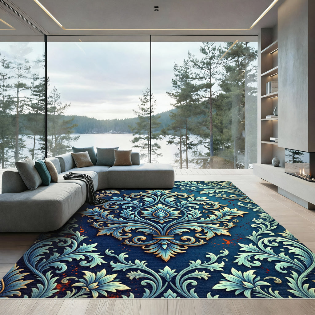 Deep Blue Ornate Floral Scroll Rug