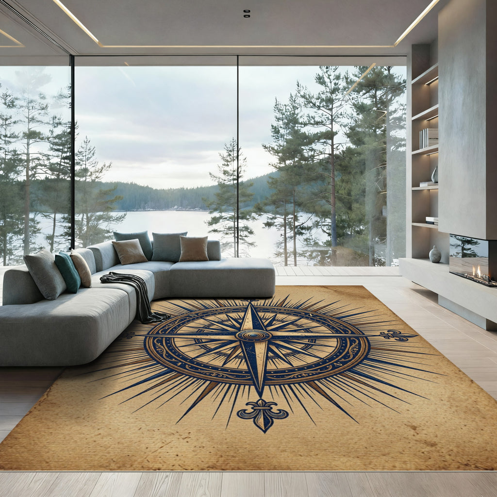 Vintage Golden Nautical Compass Rose Rug