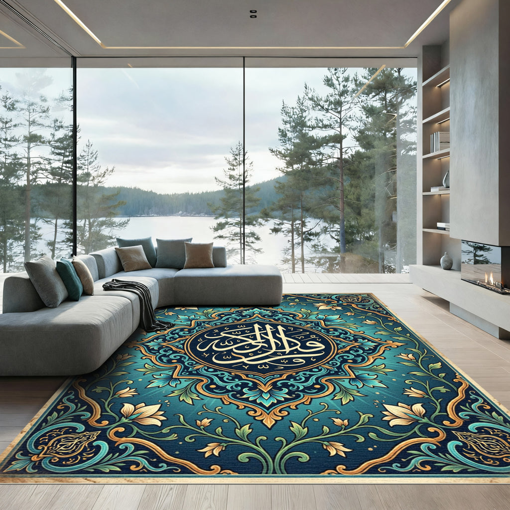 Ornate Teal Floral Calligraphy Medallion Rug