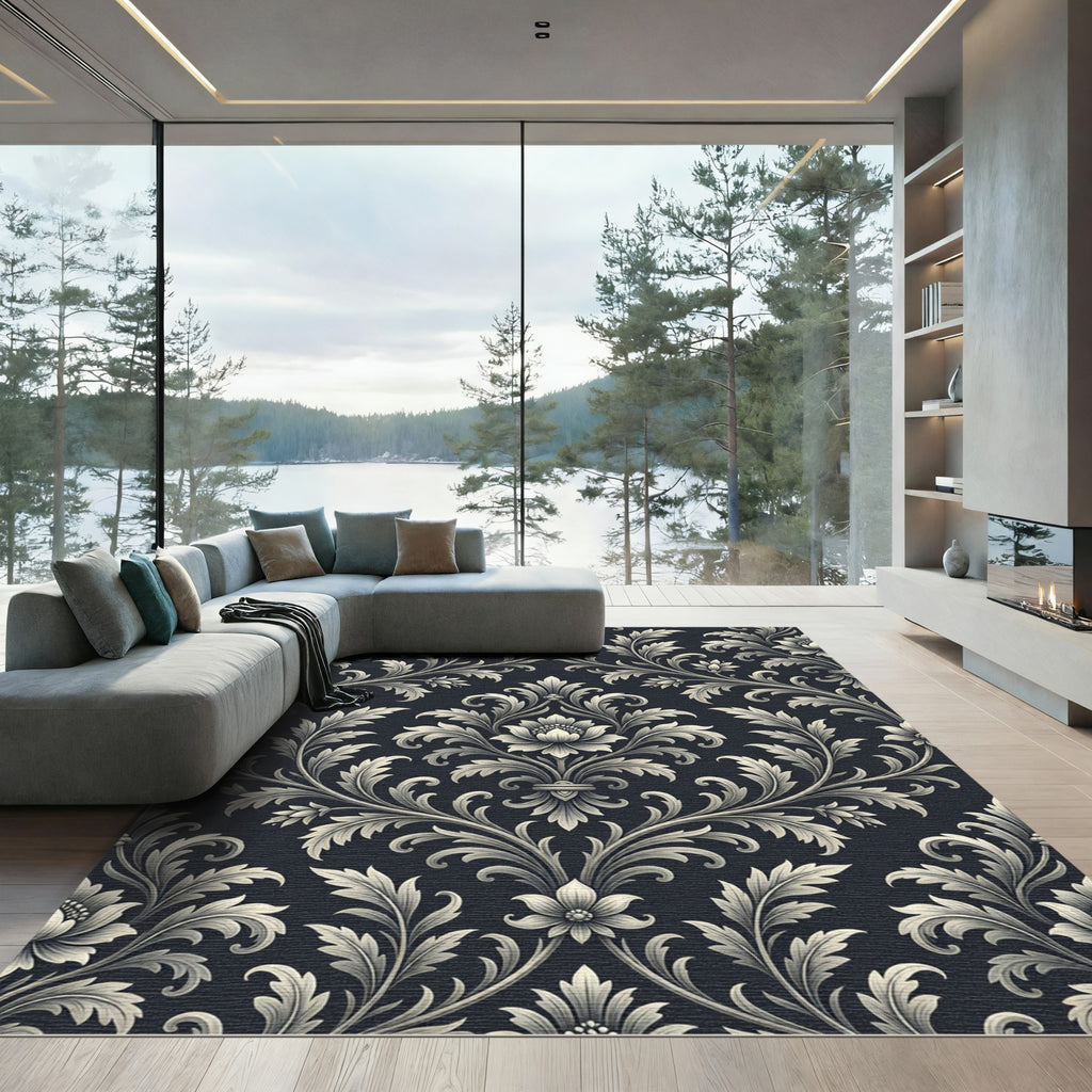 Elegant Charcoal Silver Damask Scroll Rug