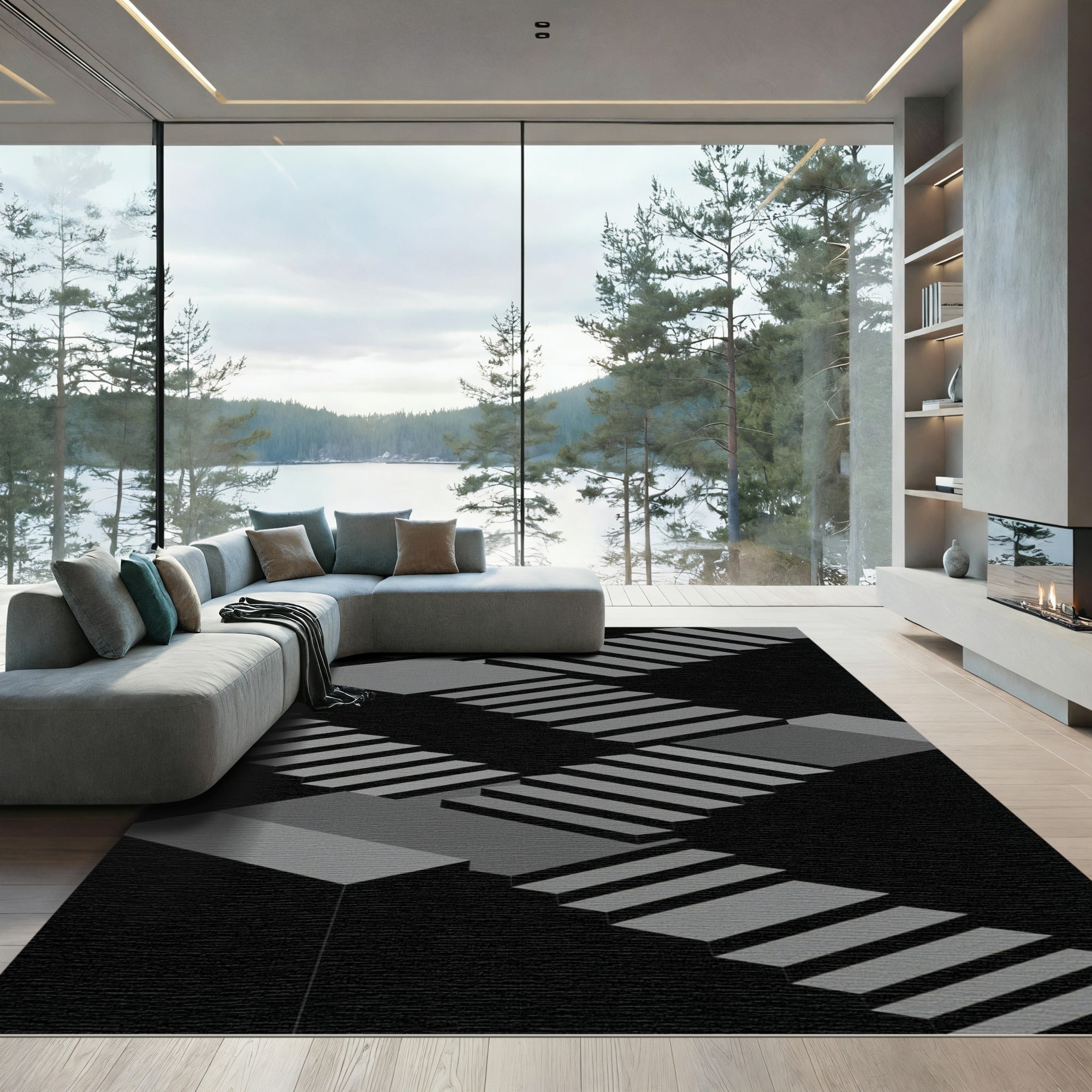 Linear Gray Stair Optical Illusion Rug