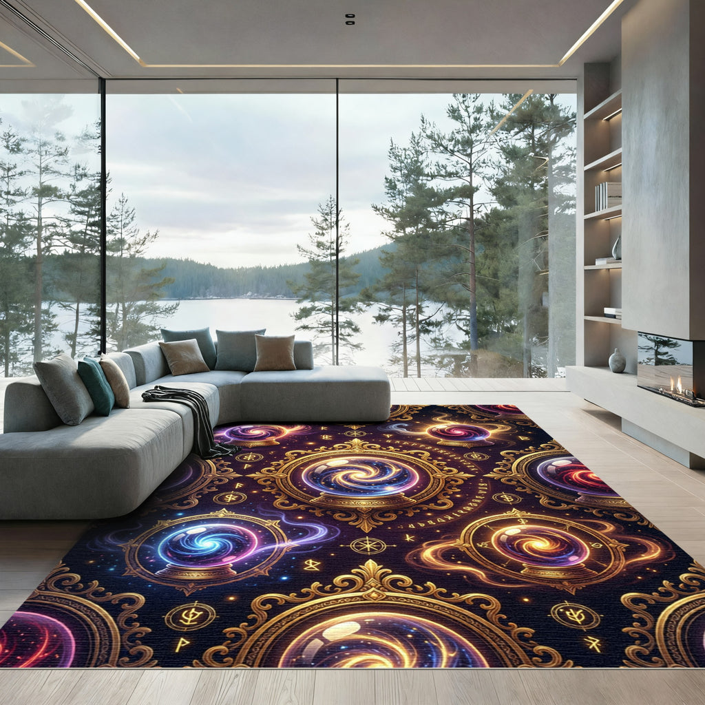 Celestial Crystal Orb Gold Galaxy Rug
