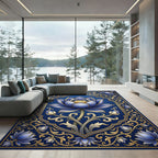 Golden Ornate Blue Lotus Bloom Rug