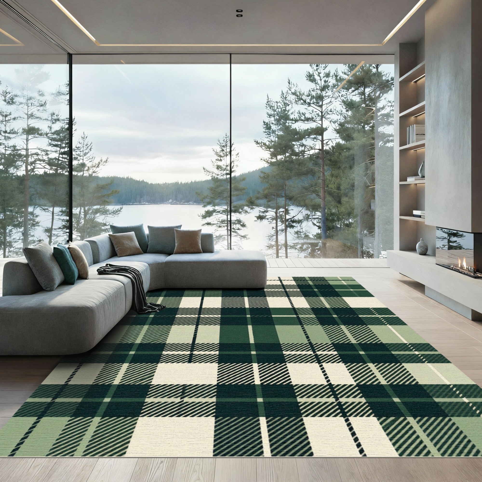 Modern Forest Green Plaid Tartan Rug