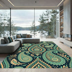 Intricate Teal and Gold Paisley Filigree Rug