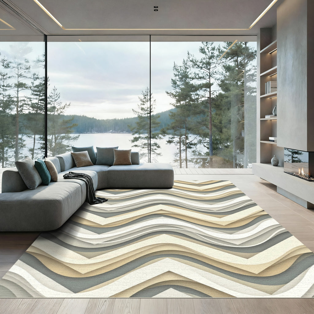 Neutral Wavy Chevron Layered Abstraction Rug