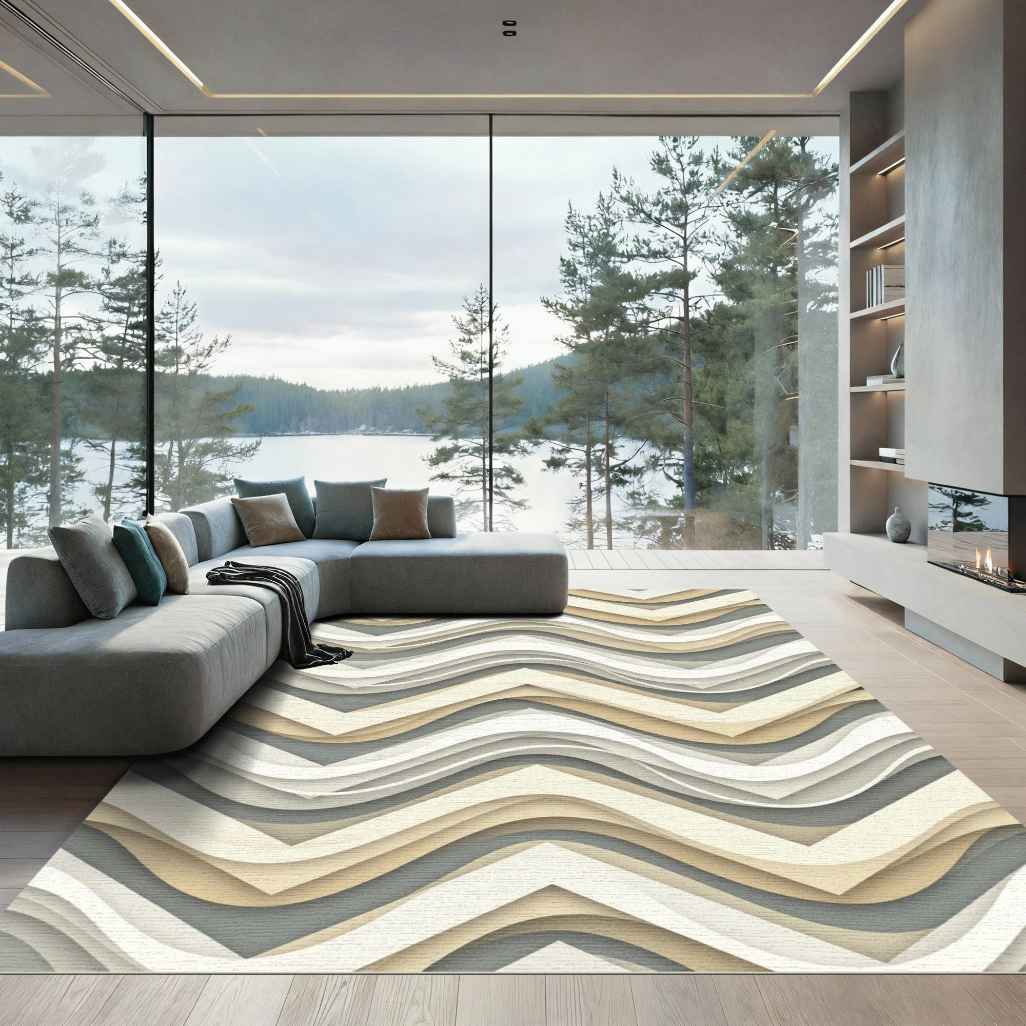 Neutral Wavy Chevron Layered Abstraction Rug