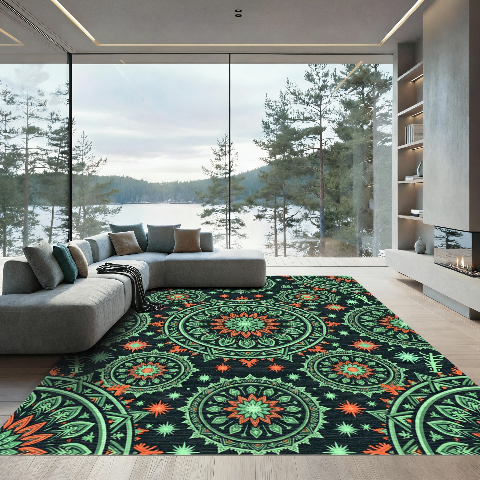 Emerald Orange Mandala Medallion Layered Rug