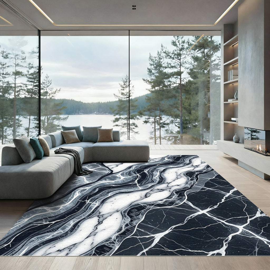 Modern Black and White Marble Swirl Rug