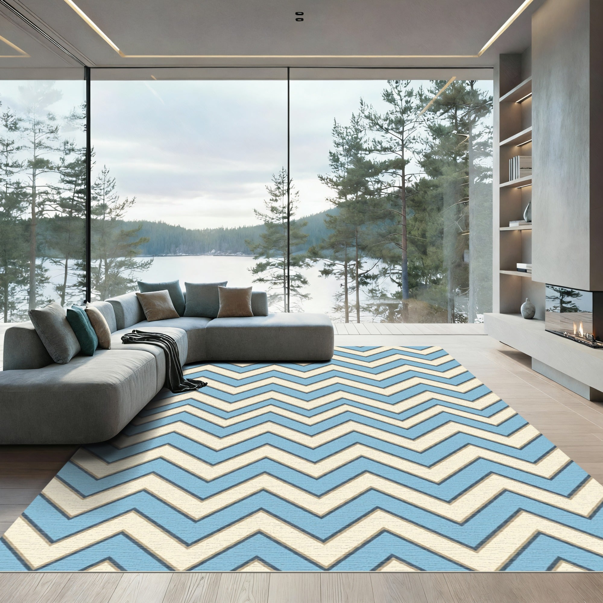 Blue and Cream Zigzag Chevron Rug