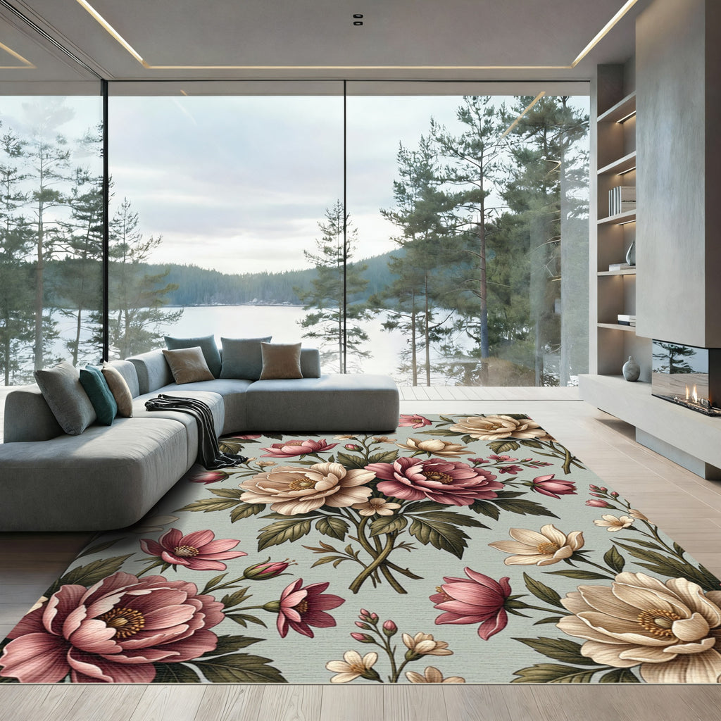 Blush and Cream Peony Botanical Bouquet Rug