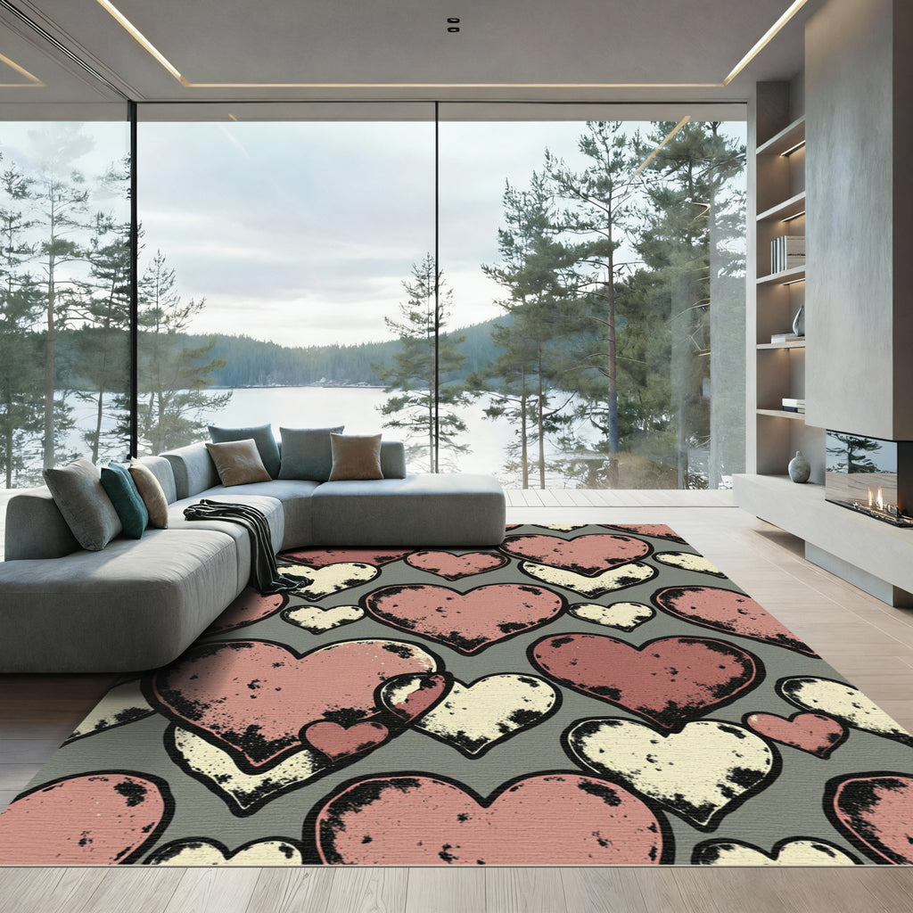 Distressed Pink and Cream Heart Collage Rug