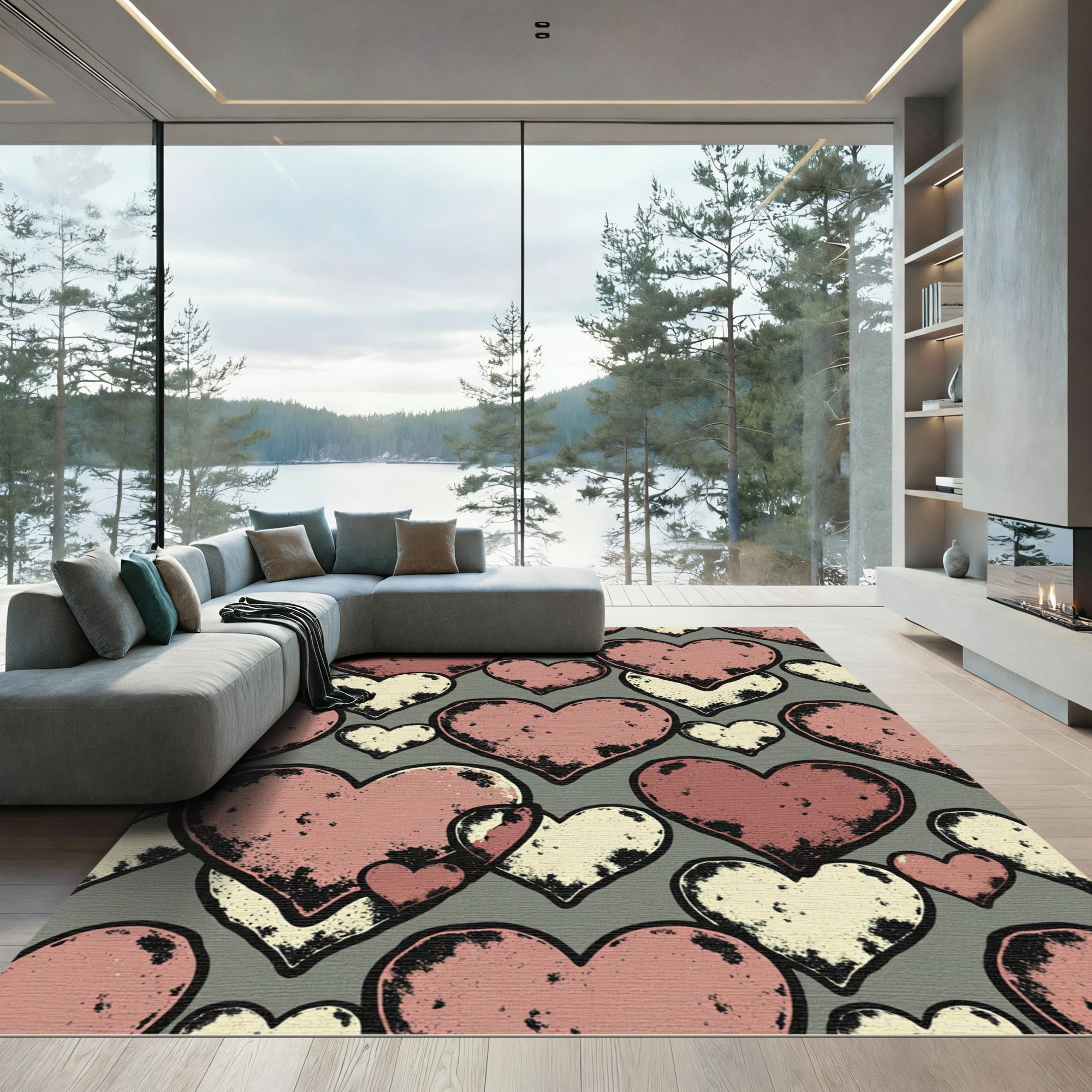 Distressed Pink and Cream Heart Collage Rug