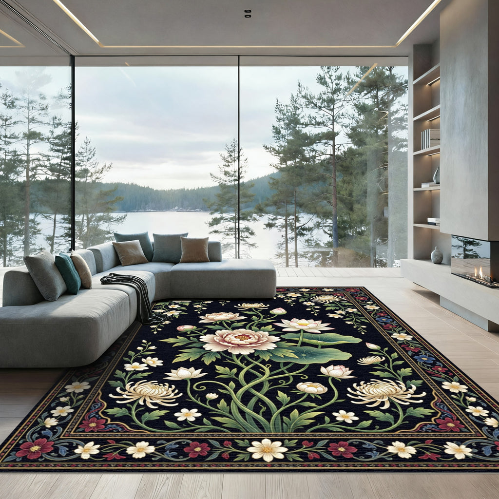 Elegant White Floral Black Botanical Art Rug