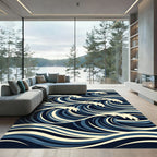 Japanese Inspired Blue Ocean Wave Art Rug