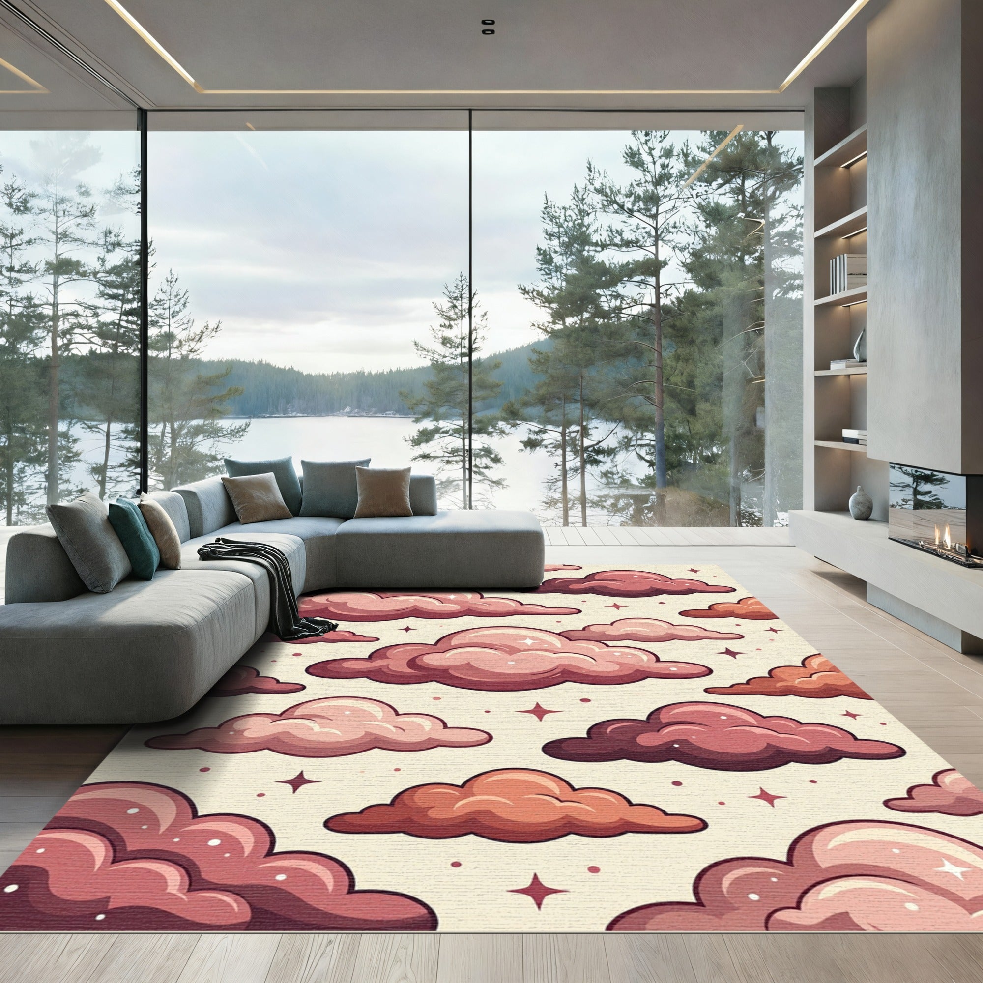 Whimsical Rose Pink Celestial Clouds Rug