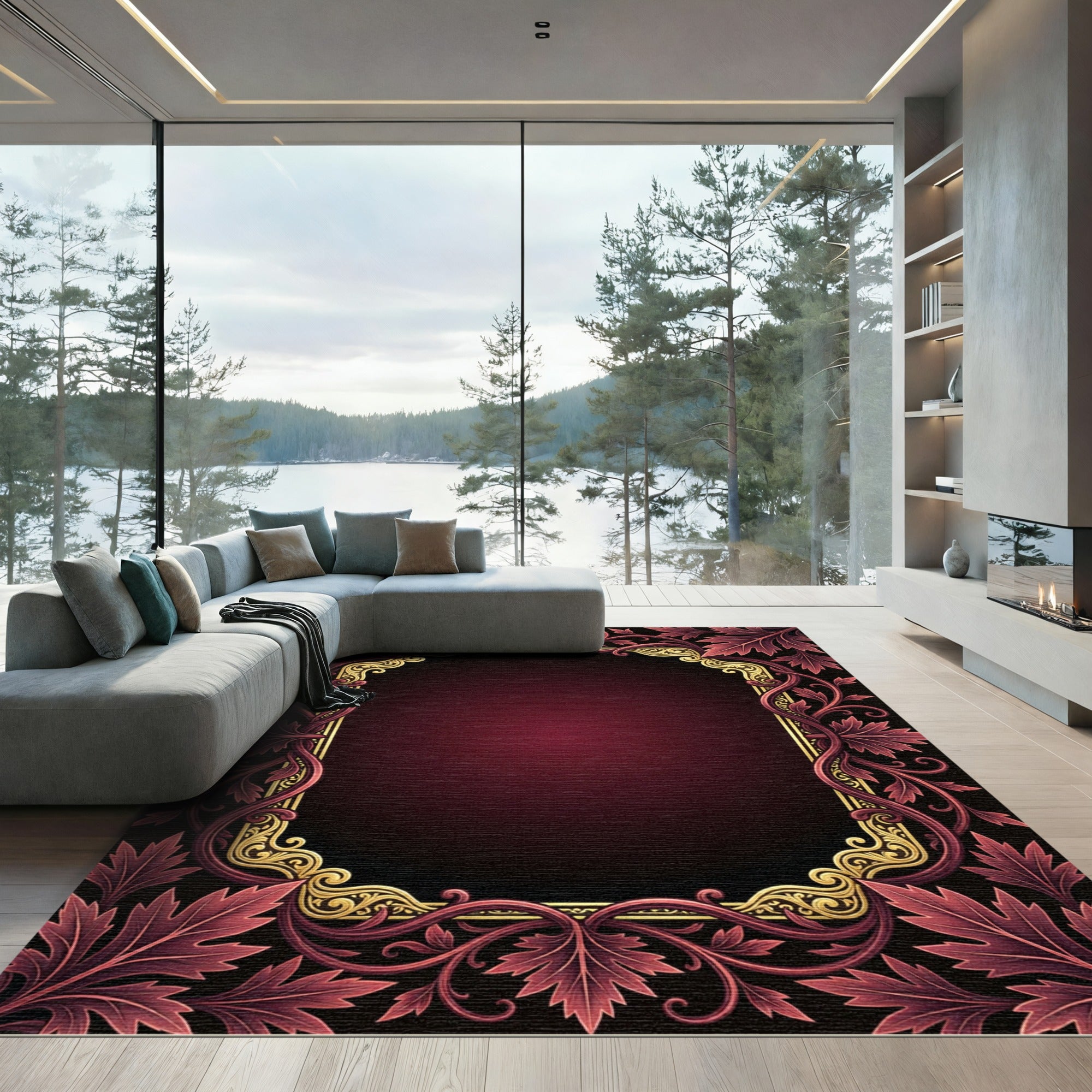 Regal Crimson Floral Border Rug
