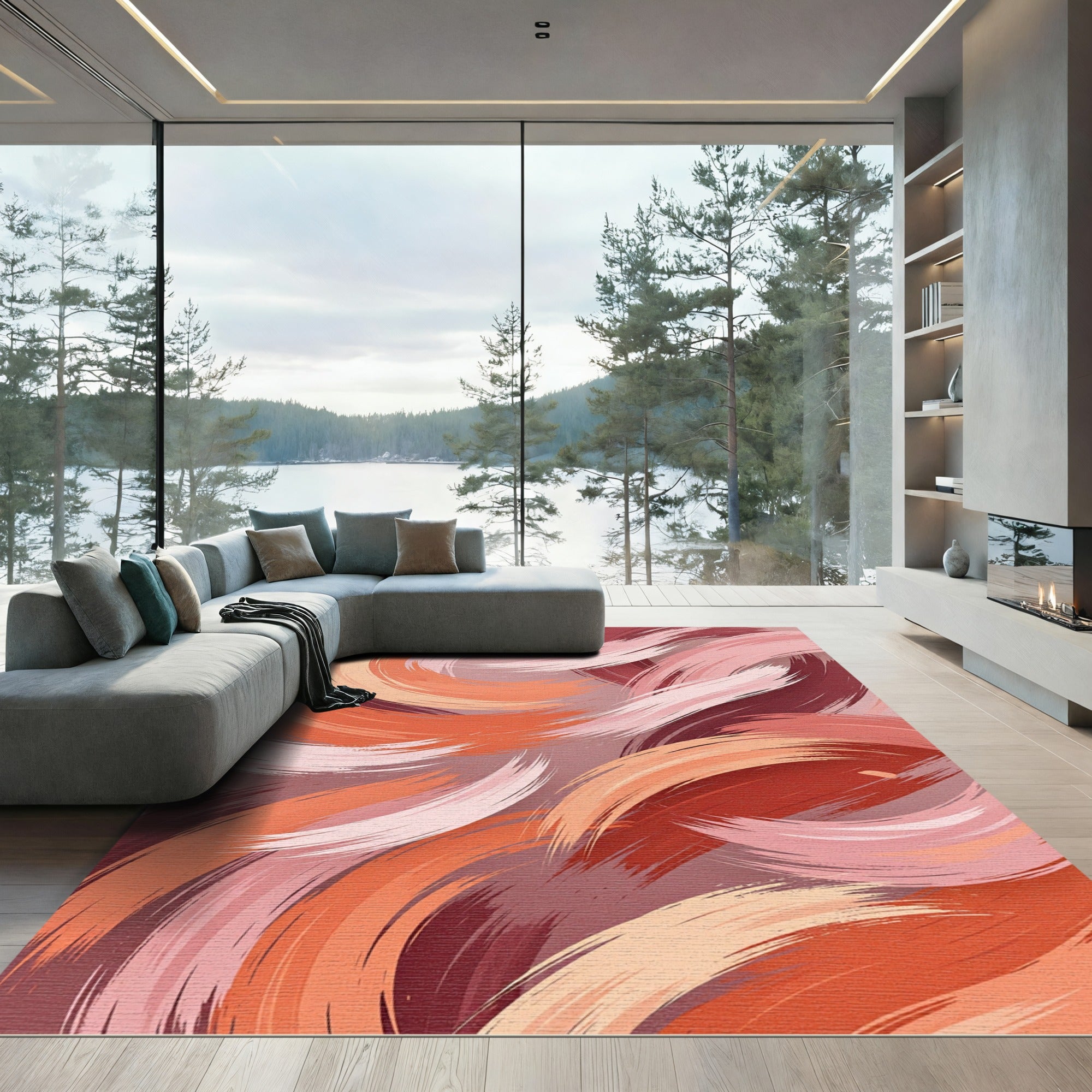 Abstract Terracotta Pink Swirl Brushstroke Rug