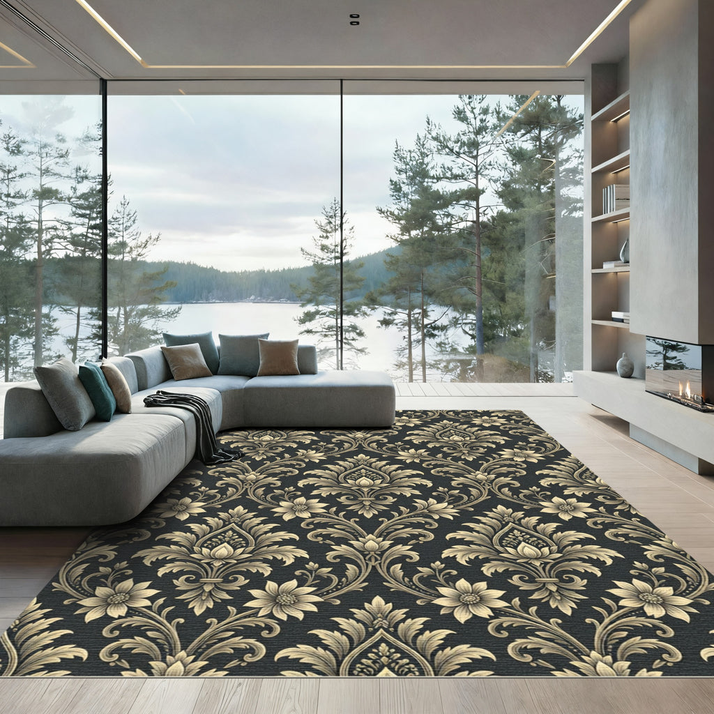 Classic Black and Gold Damask Rug