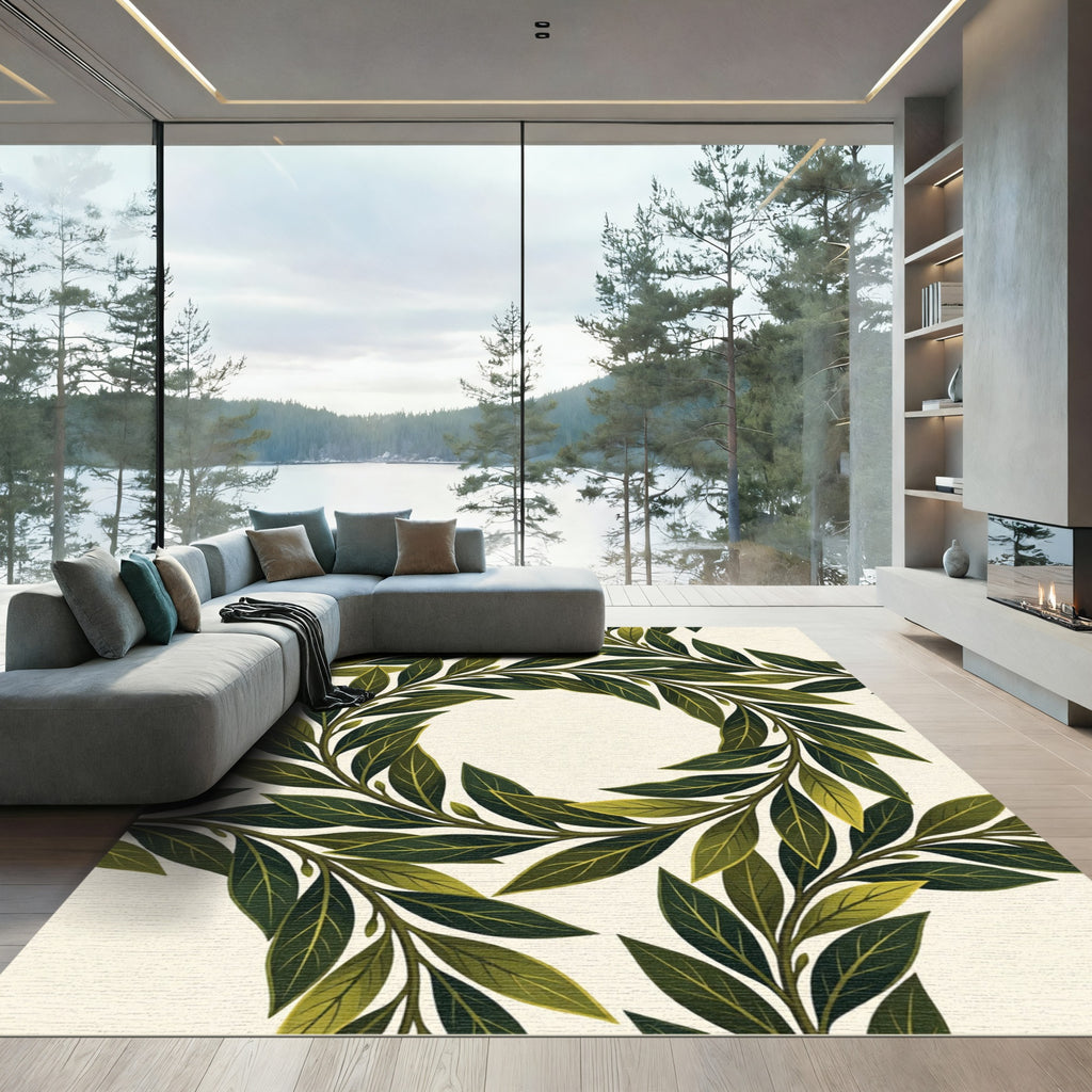 Lush Olive Green Leaf Wreath Rug