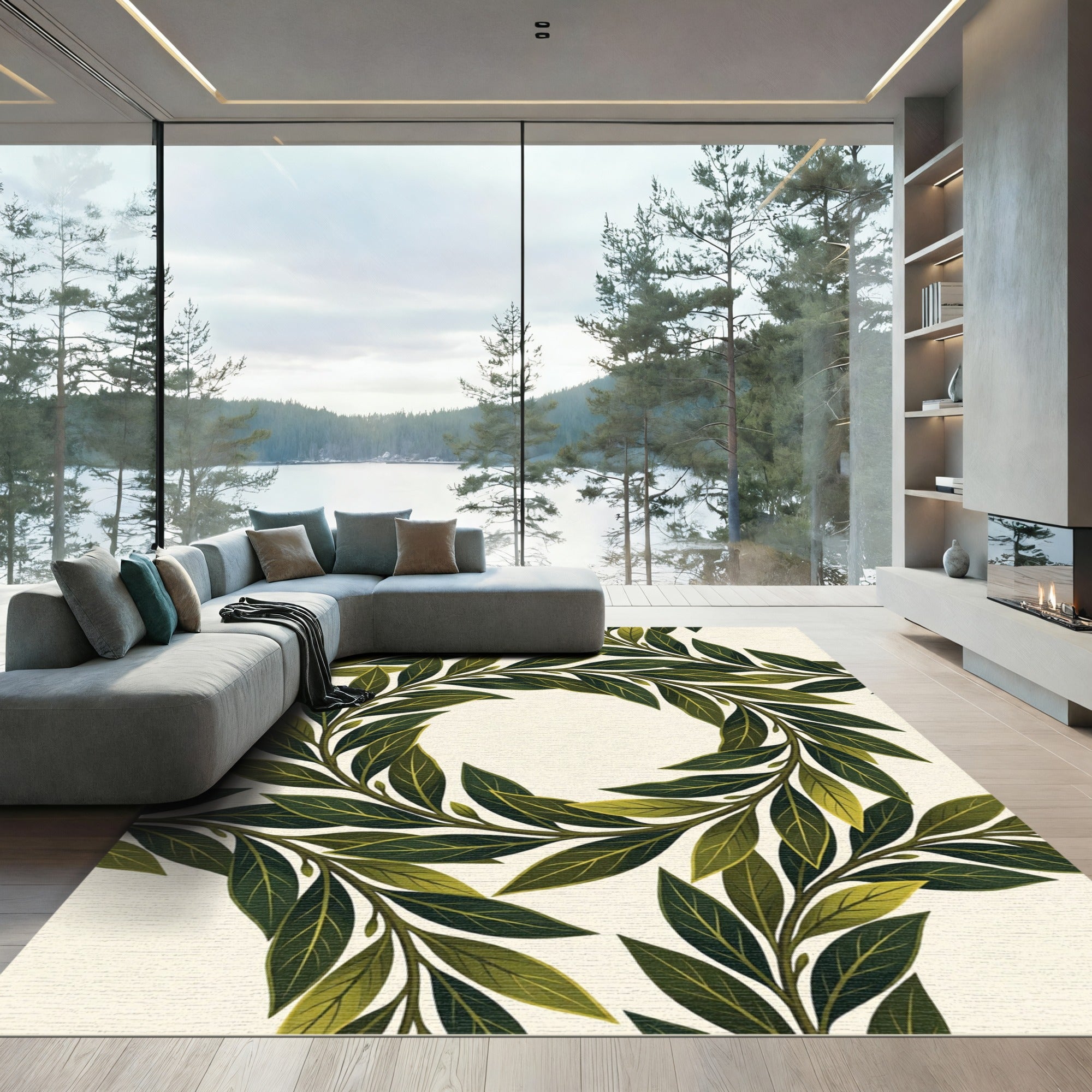 Lush Olive Green Leaf Wreath Rug