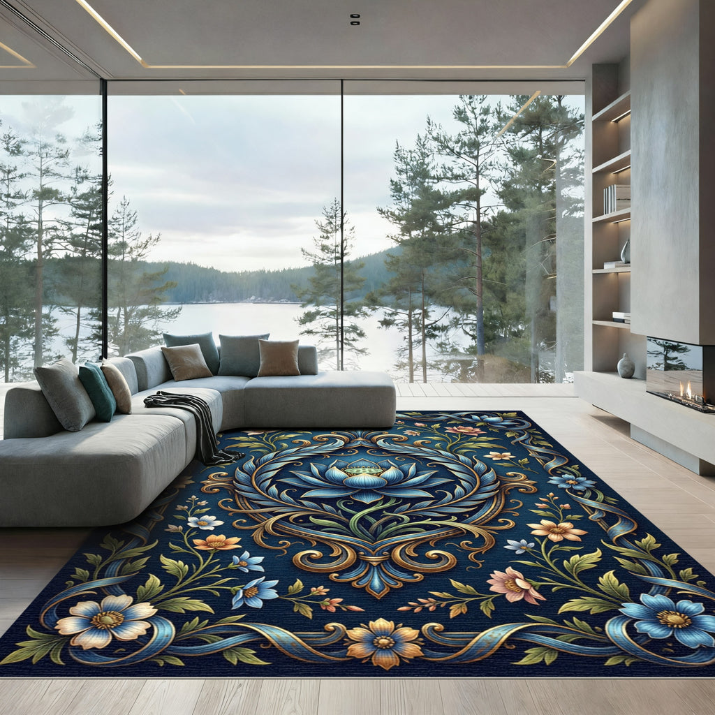 Elegant Ornate Blue Lotus Floral Medallion Rug