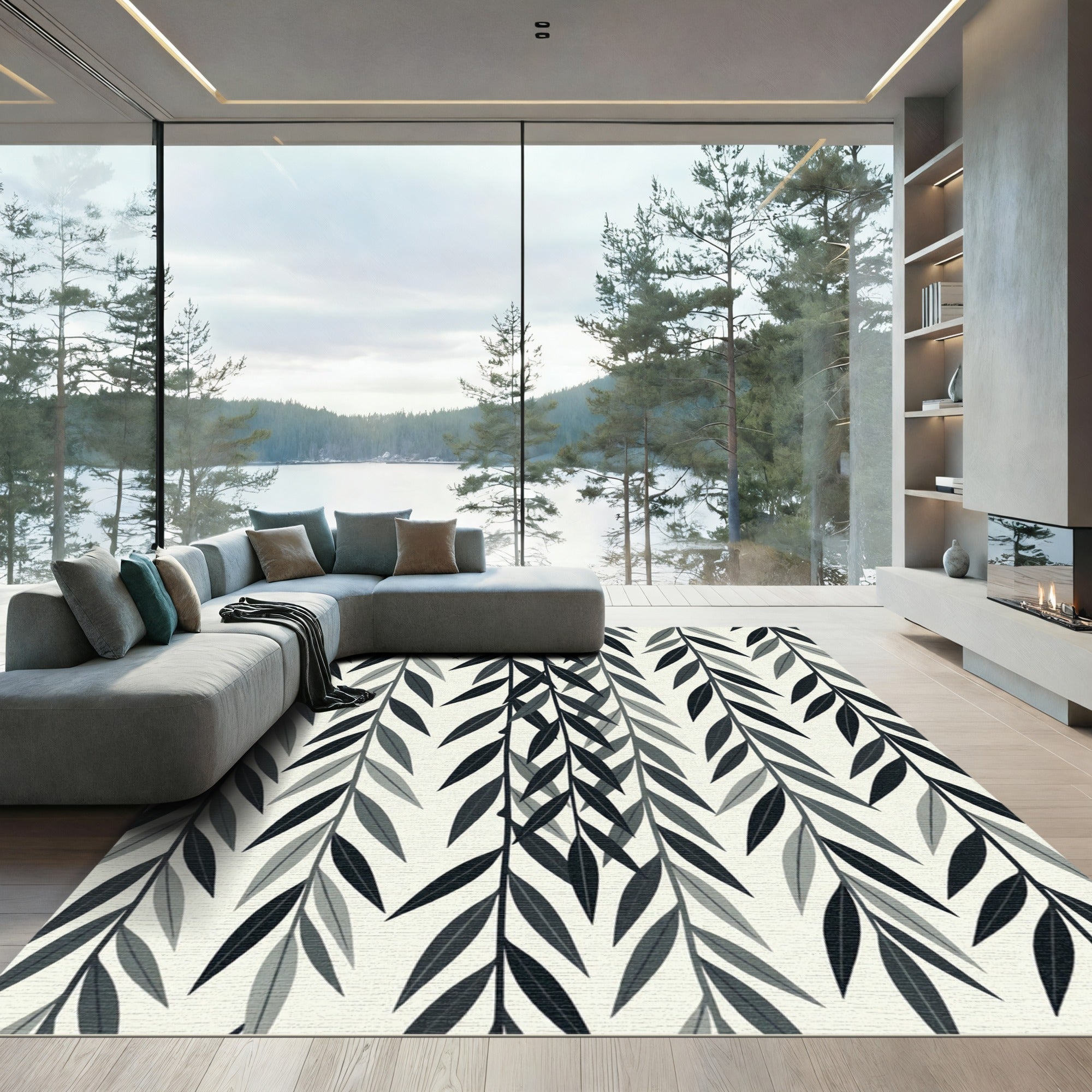 Minimalist Gray Willow Leaf Cascading Rug