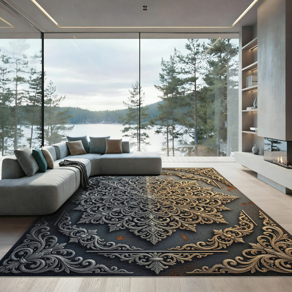 Ornate Metallic Silver and Gold Mandala Rug