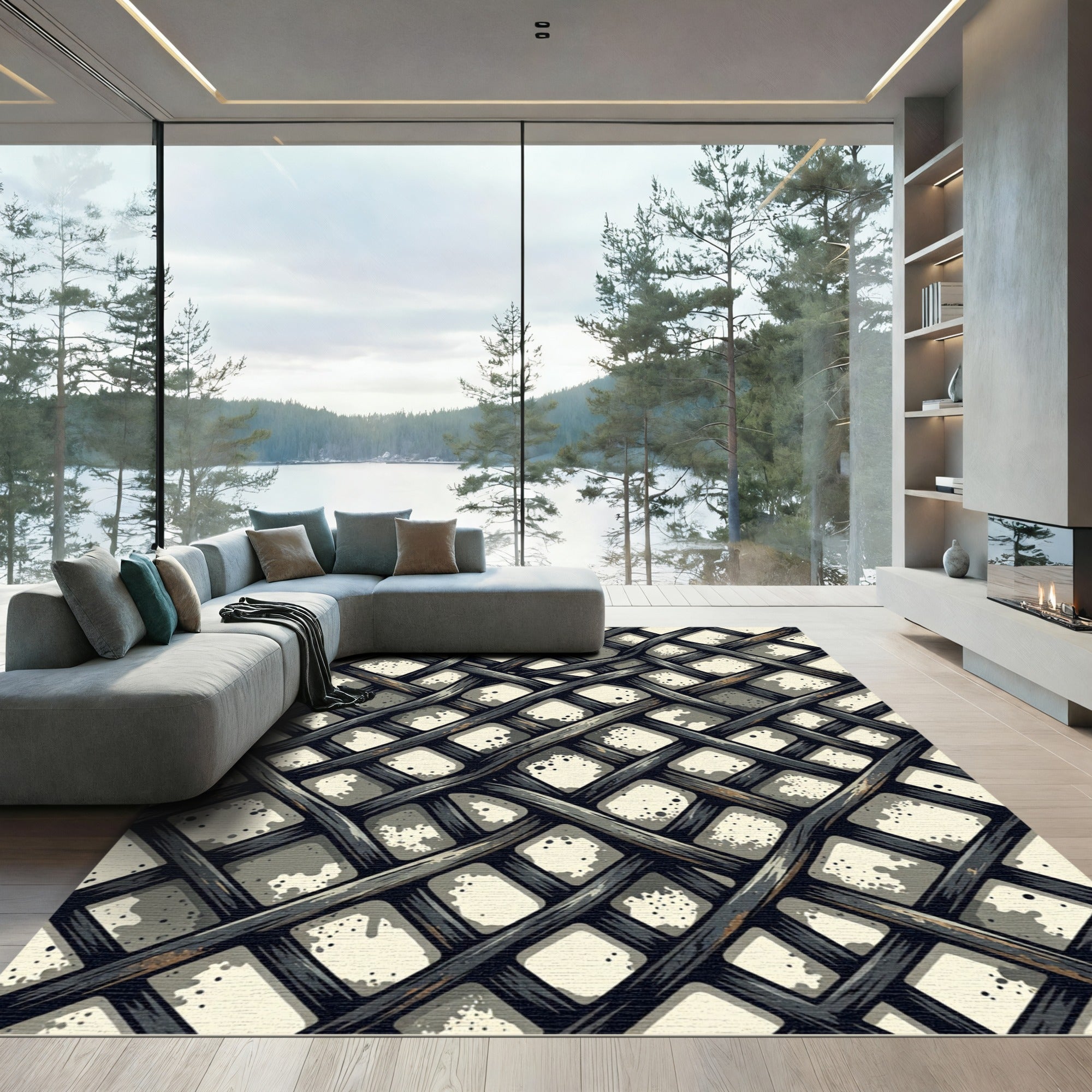 Industrial Black Metal Grid Weave Rug