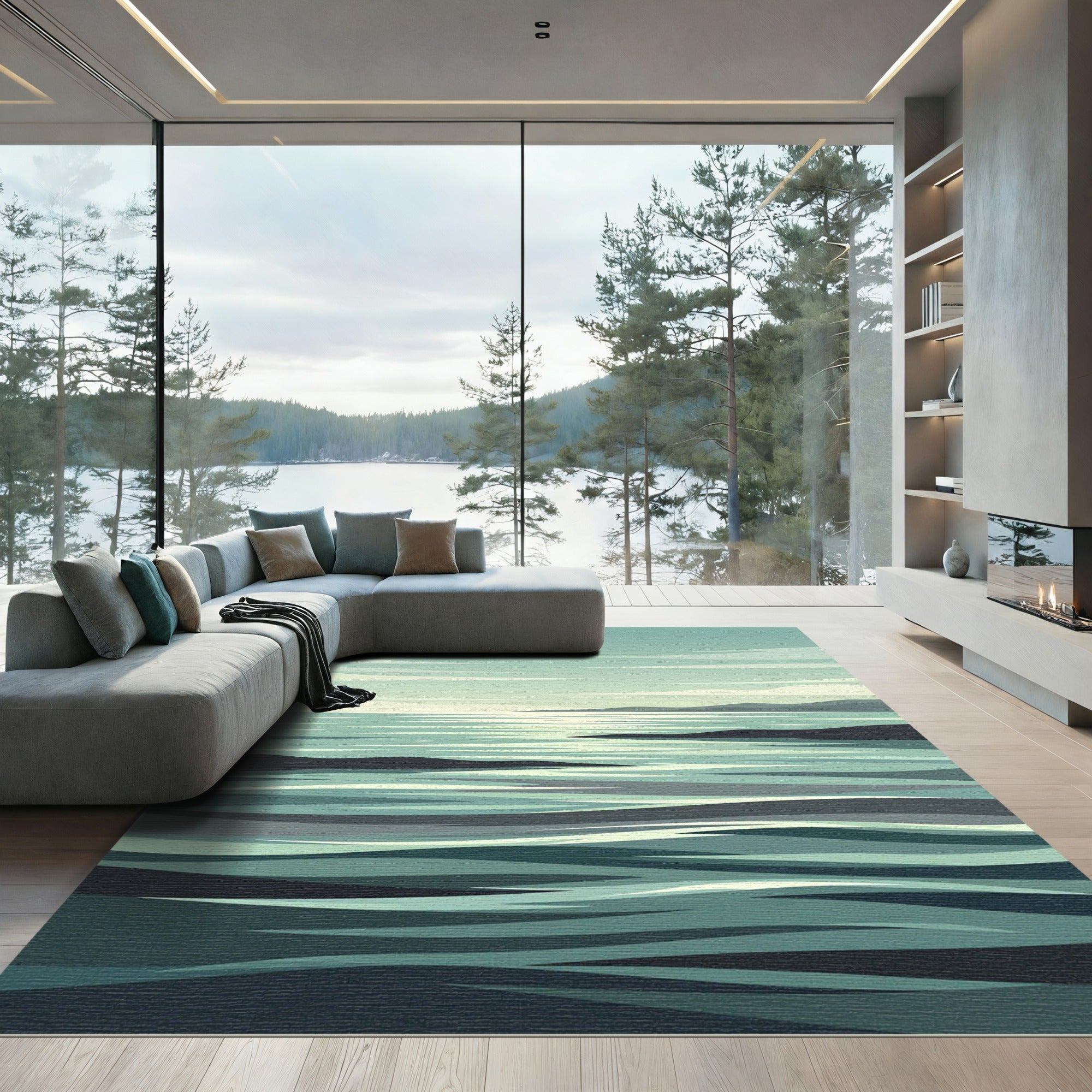 Minimalist Serene Teal Coastal Seascape Rug