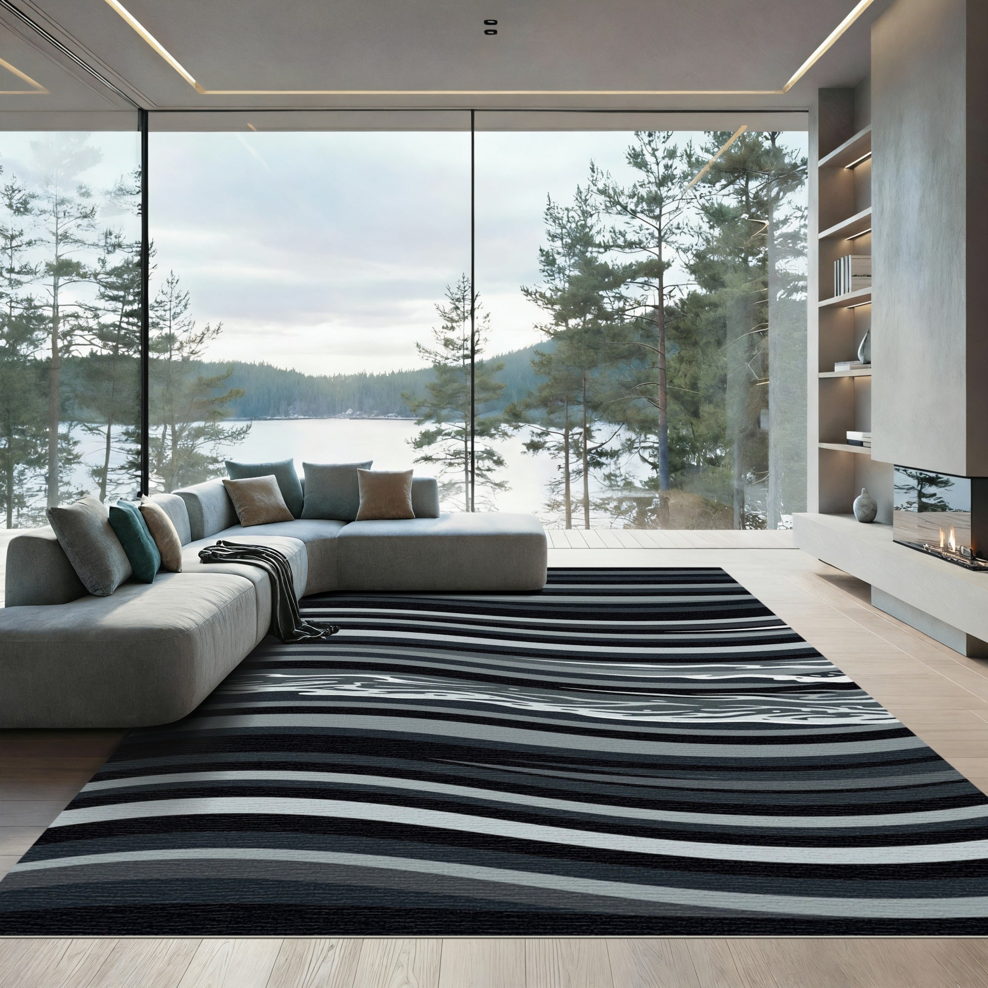 Monochrome Wavy Linear Abstract Waves Rug