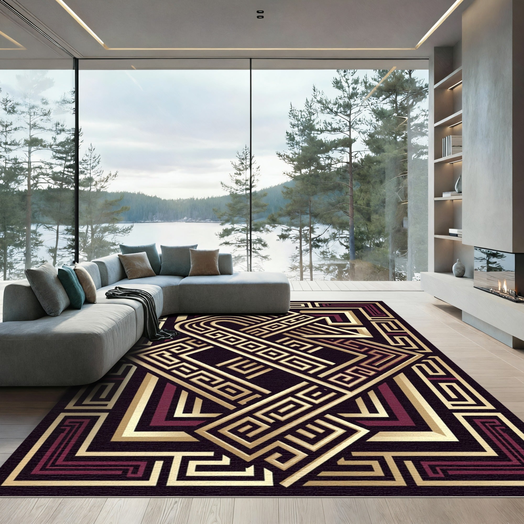 Bold Geometric Gold Maroon Swirl Rug