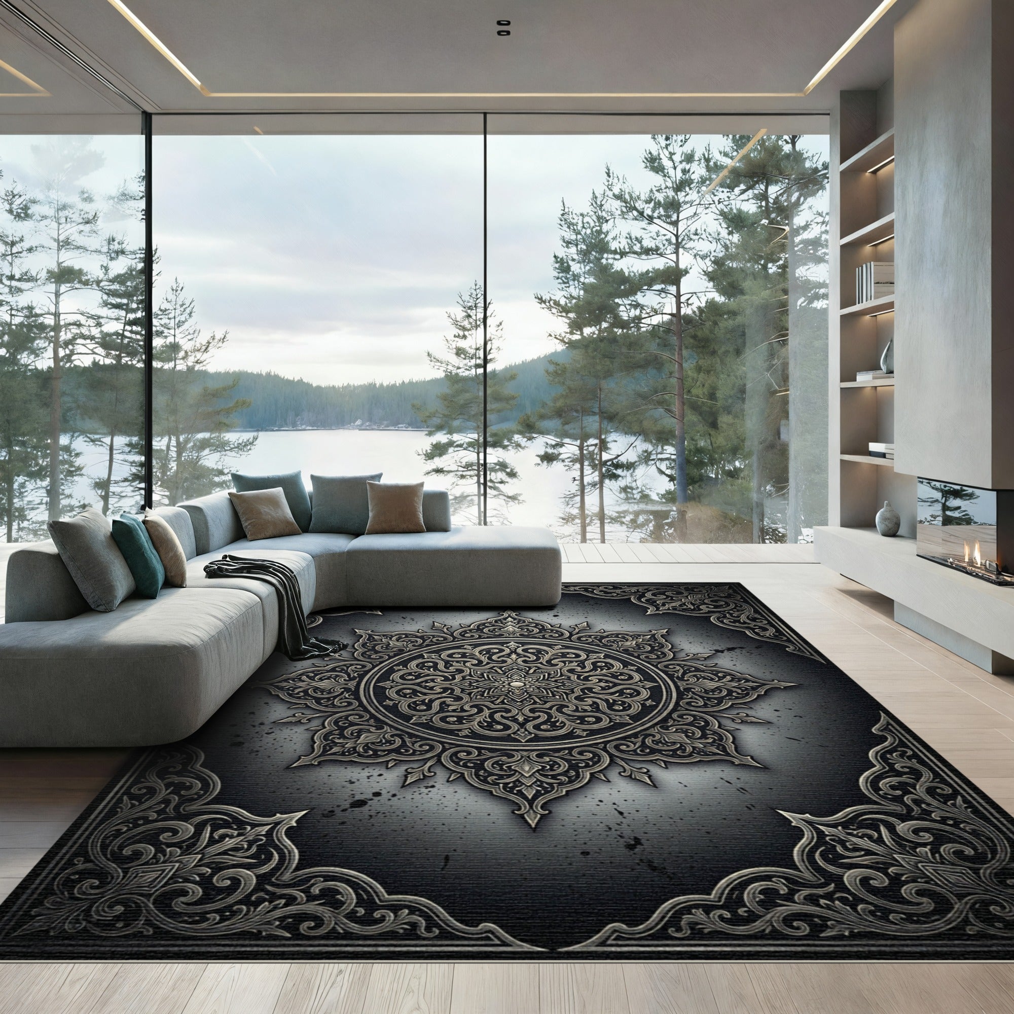 Ornate Metallic Charcoal Circular Arabesque Rug
