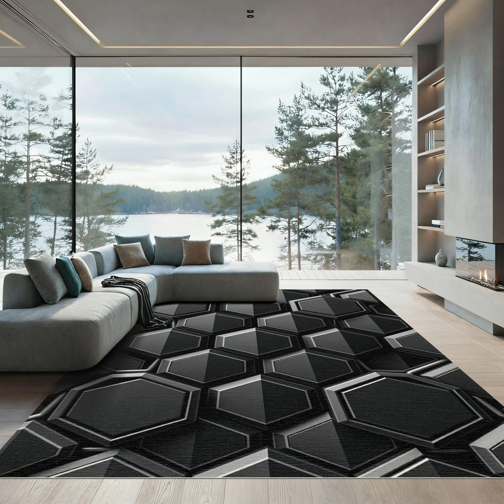 Dark Gray Geometric Hexagon Relief Rug